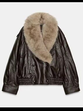 Dark Brown vegan Leather Jacket detachable Beige Fur Collar small like helsa